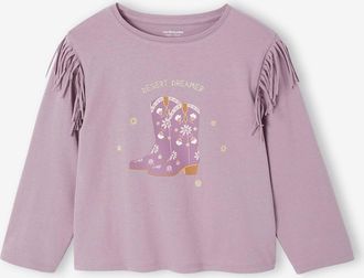 Vertbaudet Mädchen Shirt mit Fransen und Cowboy-Boots-Motiv malve