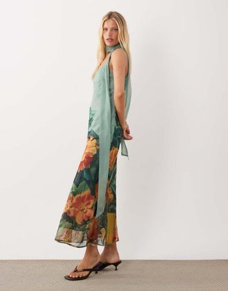 Asos Vestito sottoveste midi con foulard verde a fiori-Multi