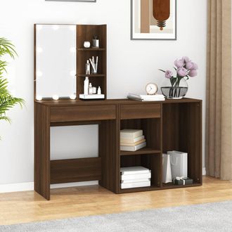vidaXL Vidaxl - Tocador Con Led Y Armario Madera Contrachapada Marr&oacute;n Roble
