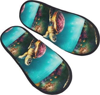 Generic Fuzzy Slippers Sea Turtle Swimming In Sea Portable Plush Slippers Lightweight House Shoes For Travel Holiday Winter M