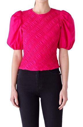 English Factory Asymmetric Shirred Puff Sleeve Top in Magenta at Nordstrom, Size X-Small