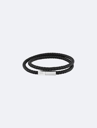 Calvin Klein Mens Double Wrap Braided Leather Bracelet - Black - OS