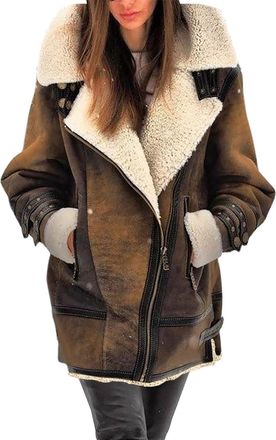 Generic Winter Coats for Women Faux-Leather Suede Jackets Thicken Sherpa Fleece Jacket Vintage Moto Jacket Zipper Outerwear (Khaki,3XL)