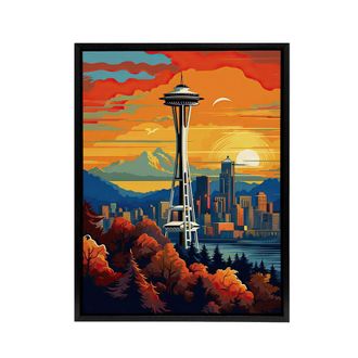 Artery8 Seattle Washington Space Needle Framed Canvas Wall Art Print in Orange | Size: W24 x H32