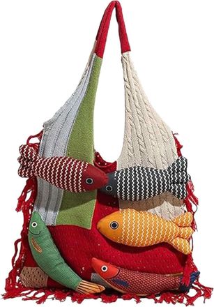 Generic 3D Fish Knitted Tote Bag,Cute Cartoon Fish Patchwork Shoulder Bags,Large Capacity Bohemian Hobo Handbag for Travel Vacation (D)