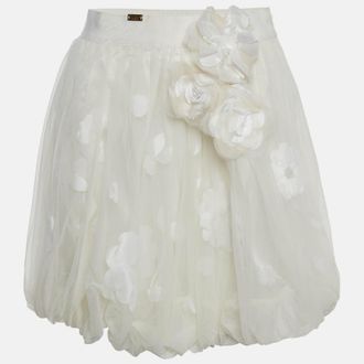 Elisabetta Franchi Off White Tulle Floral Applique Balloon Mini Skirt