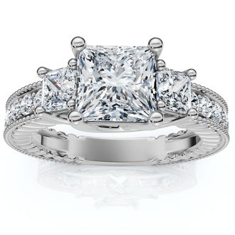 Pompeii3 2 3/4CT Princess Cut Three Stone Vintage Diamond Engagement Ring Lab Grown 14k