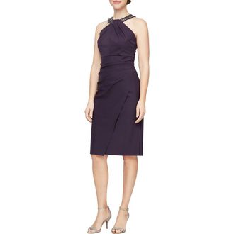 Alex Evenings Contour Collection Halter Embellished Cocktail Dress in Aubergine at Nordstrom, Size 12