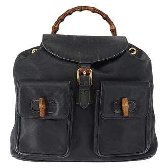 Gucci Vintage Bamboo Leather Black Leather Backpack Bag (Pre-Owned)