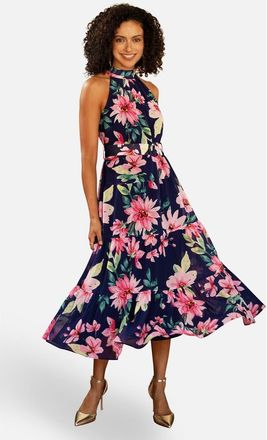 Yumi Floral Halter Neck Midi Dress in Navy at Nordstrom, Size 14