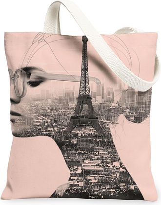 Generic Artistic Vintage Canvas Tote Bags, Paris Tower Design Lightweight Reusable Grocery Bags, Chic Washable Shoulder Strap for T, Peach, 13x15 Inch