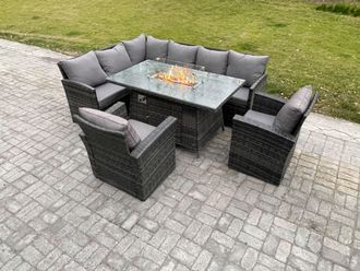 Fimous Rattan Garden Furniture High Back Corner Sofa Gas Fire Pit Dining Table Sets Gas Heater with 2 Armchairs 8 Seater in Dark Grey