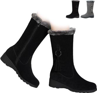Generic Womens Suede Warm Wedge Mid-Calf Boots - Plush Lined Non-Slip Winter Snow Boots with Fur Trim and Side Zipper(Black,7.5)