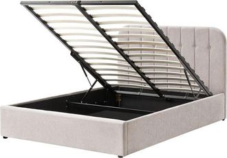 Beliani Bed Frame Beige Chenille Upholstery EU Double Size 4ft6 Lift Up Storage with Headboard and Slatted Base CHALLANS