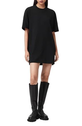 AllSaints Fuse Logo Appliqu&eacute; Cotton T-Shirt Minidress in Black at Nordstrom, Size Medium