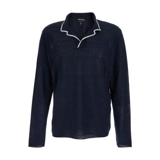Giorgio Armani Polo Shirts, male, Blue, Size: XL Linen and Silk Blend Knit Polo Shirt