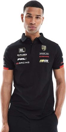 Polo Ralph Lauren Polo in piqué nera con stampa del logo stile racing sul petto e sul retro-Nero