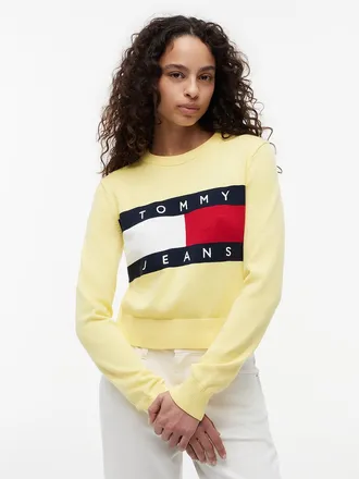 Tommy Hilfiger Womens Tommy Jeans Intarsia Flag Logo Sweater - Citronella - XL