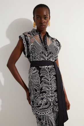 Karen Millen Womens Cotton Cutwork Embroidery Woven Tunic - Monochrome Multi - Size 8 UK