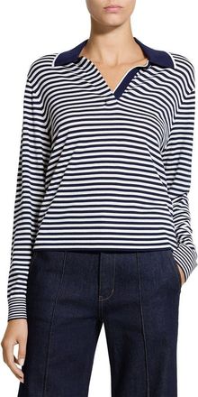 Theory Stripe Merino Wool Long Sleeve Polo in Deep Navy/new Ivory at Nordstrom, Size Medium