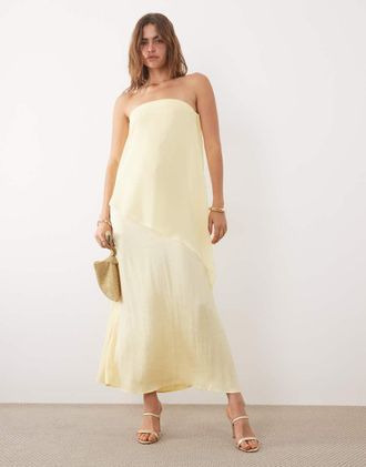 Asos Vestito lungo asimmetrico in raso color latticello a doppio strato-Giallo
