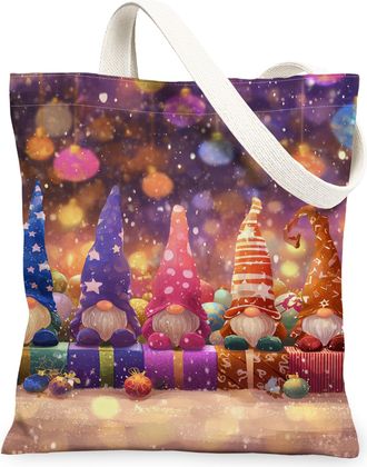 Generic Fanciful Gnome Canvas Tote Bags, Colorful Holiday Pattern Reusable Grocery Bags, Lightweight Washable Canvas for Travel Pic, Multicolor, 13x15 Inch