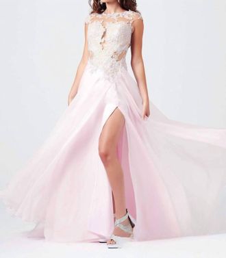 Mac Duggal Beaded Prom Gown With Lace Cutouts & High Slit In Ice Pink