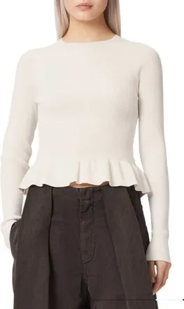 AllSaints Jas Rib Knit Peplum Sweater in Dove White at Nordstrom, Size X-Small