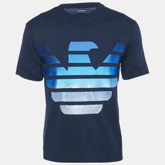 Emporio Armani Navy Blue Logo Embroidery Cotton Crew Neck T-Shirt
