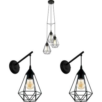 Loops Ceiling Pendant Light & 2x Matching Wall Lights Black Wire Cage Hanging Lamp
