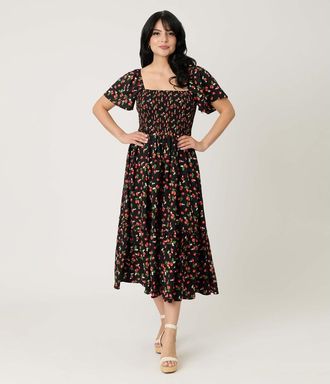 Unique Vintage Smocked Bodice Midi Dress in Black W/strawberry Print at Nordstrom, Size X-Small