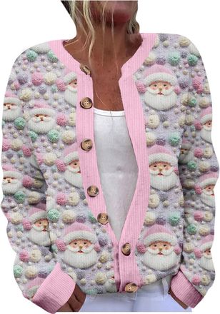 Generic Ugly Christmas Cardigans for Women UK Xmas Sweatshirts Soft Holiday Long Sleeve Button Down Xmas Knit Sweaters Open Front Casual Cardigan Coats Funny 