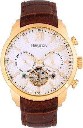 Heritor Arthur Semi-Skeleton Leather-Band Watch w/ Day/Date in Gold/silver at Nordstrom