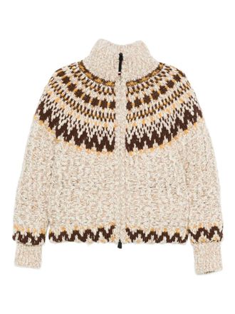 Moncler patterned zip cardigan - women - Virgin Wool/Polyamide/Silk/Elastane/Polyamide/Down/Feather - M - Neutrals