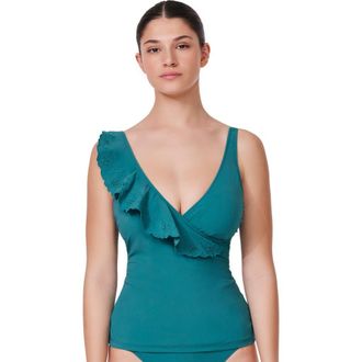 Gottex Bachelorette Ruffle V-Neck Surplice Tankini Top in Lagoon at Nordstrom, Size 14