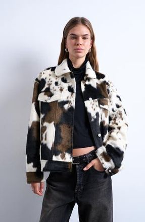 Topshop Cow Print Faux Fur Western Trucker Jacket in Black at Nordstrom Rack, Size X-Small