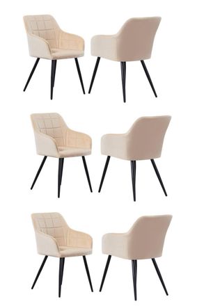 Life Interiors Set of 6 Camden Modern Velvet Dining Chairs with Armrests, Quilted Design & Black Metal Legs in Cream