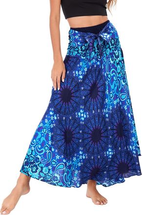 Feoya Women Boho Long Maxi Skirts Belly Dancing Dresses Boho Clothing for Women Happie Skirts Dress 2 in 1 Floral Printed Skirt Dress Bohemian Style Blue 6