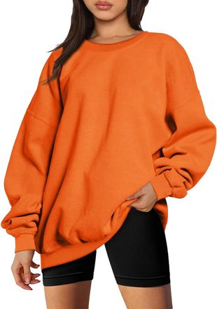 Generic Oversize Sweatshirt for Women Crew Neck Pullover Plain Sweatshirts Without Hood Basic Tops Casual Tops Women Baggy Blouse Large Sizes Jumper, Orange-d