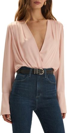 Favorite Daughter Surplice Long Sleeve Satin Bodysuit in Blush Pink at Nordstrom, Size X-Small
