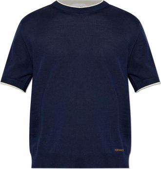 Versace Wollen T-shirt van fijngebreide stof - Heren - Ronde hals truien - Blauw - XL - Wol - Truien & Vesten