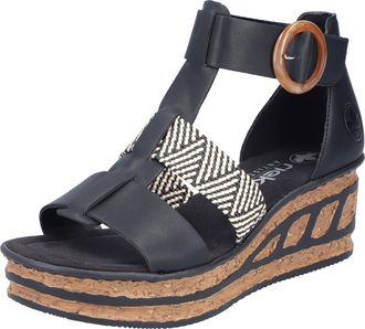 Rieker Keilsandalette RIEKER, Damen, Gr. 40, schwarz (schwarz, creme), Bast, Lederimitat, Schuhe Keilsandalette, Sommerschuh, Plateausandalette, Sandale mit 