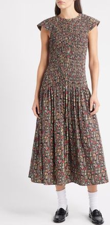 The Great. The Paramour Floral Print Midi Dress in Black/Garland Print at Nordstrom, Size 1