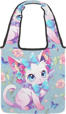 Generic Cute Cartoon Kitten Reversible Canvas Shoulder Tote - Double-Sided Print, 12oz Cotton, 27cm Drop, Fold-Flat Bag for Travel, Shopping, Street Outings
