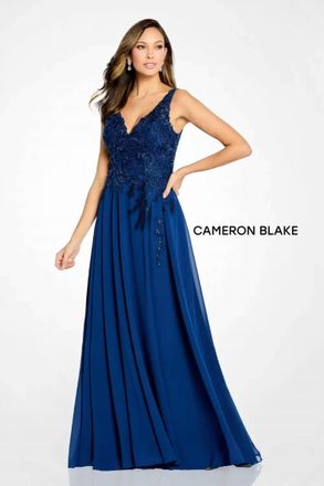 Mon Cheri Beaded Lace And Chiffon Gown In Navy Blue