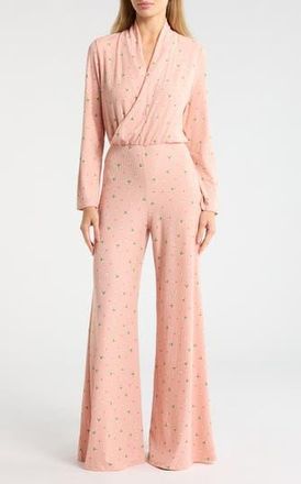 Go Couture Surplice V-Neck Long Sleeve Jumpsuit in Dark Mauve Floral at Nordstrom Rack, Size X-Large