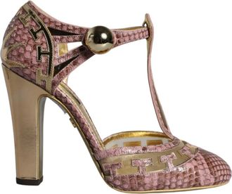 Dolce & Gabbana Roze Gouden Leren T-Riem Sandalen - Dames - Pumps - Roze - 37 EU - Leer - Schoenen