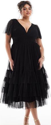 Lace & Beads Plus Madison - Vestito midi da damigella nero in tulle con scollo a V