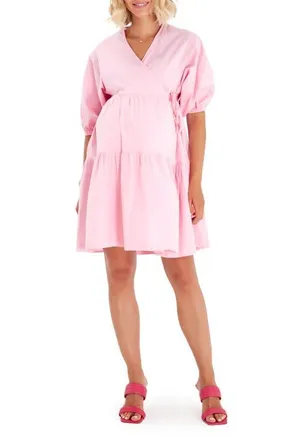 Accouch&eacute;e Waterfall Tie Waist A-Line Maternity/Nursing Wrap Dress in Pink at Nordstrom, Size Large/x-Large