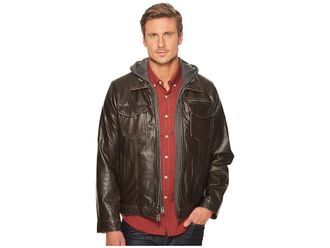 Levi's Faux-Leather Trucker with Jersey Hood and Fleece Lining Mens Coat Dark Brown : 2XL, Faux Leather/Polyester/Polyurethane